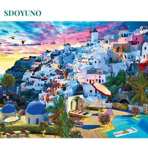 Sdoyuno 60X75Cm Diy Olieverfschilderij Door Nummers Frameloze Verf Door Getallen Canvas Schilderen Santorini Landschap Home Decor