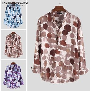 INCERUN Mannen Stand Kraag Lange Mouw Mannen Shirts Inkt Polka Dot Gedrukt Mens Streetwear Trendy Slim Wilde Blouse Camisa Masculina