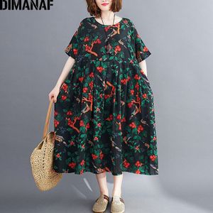 Dimanaf Plus Size Jurk Vrouwen Kleding Zomer Zonnejurk Vintage Print Bloemen Lady Vestido Losse Geplooide Casual Katoen 5XL