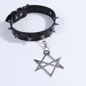 Meisjes Vrouwen Punk Klinknagels Turques Kraag Ketting Legering Pentagram Hanger Pu Lederen Choker Harajuku Chic Kettingen Verstelbare