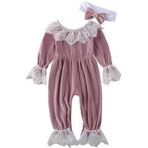 0-24M Baby Kids Baby Meisjes Jongens Rompertjes Fluwelen Kant Lange Mouw Jumpsuits Kleding Hoofdband 2 Stuks