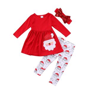 3 stks Kerstmis Peuter Kids Baby Meisjes Tops Jurk Mooie Kerstman Print Vestidos Broek Hoofdband Outfits Set Kleding