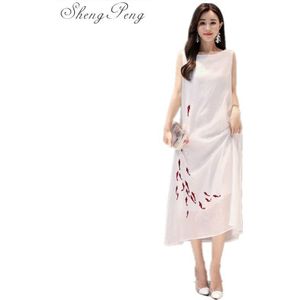 Chinese oosterse jurken mandarijn kraag mouwloze lange linnen jurken zomer elegante dames witte katoenen zomerjurk V007