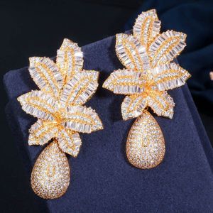 CWWZircons 3 Tone Gold Luxe Grote Leaf Bloem Micro Zirconia Verharde Naija Wedding Party Earring voor Vrouwen CZ644