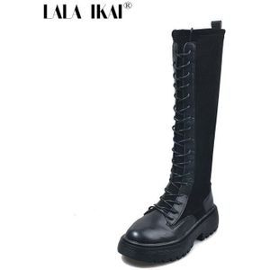 Lala Ikai Vrouwen Herfst Winter Hoge Laarzen Dikke Bodem Lange Laarzen Cross Lace-Up Vrouwelijke Schoenen Mode vrouwen Botas Mujer