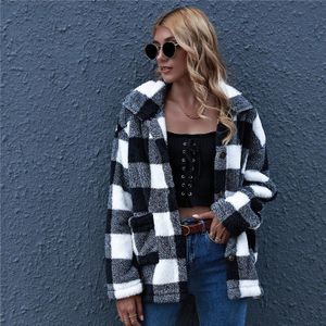 Warm Houden Lady Street Wear Winter Vrouwen Zwart/Wit Plaid Lange Jas Lange Mouwen Revers Knop Knop knoopsluiting Wollen Jas