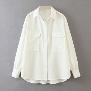 Tangada Vrouwen Oversized Witte Shirts Lange Mouw Dubbele Pocket Boyfriend Stijl Vrouwelijke Casual Blouses SL244