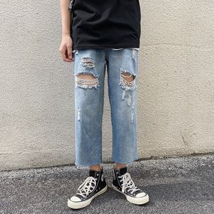 Gebroken Gat Gescheurd Rechte Licht-Gekleurde Blauw & Grijs Jeans Koreaanse Stijl Losse Trend Alle-Match Jeugd denim Broek 5XL