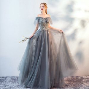 Sexy Off Shoulder Grijs Avondjurk Elegante Chinese Bruidsmeisje Lange Prom Formele Gown Cheongsam Vestidos De Noche