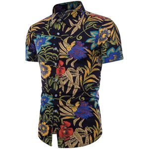 Mode Dagelijkse Mannen Zomer Bohe Bloemen Linnen korte mouwen Basic Shirt Blouse Top Plus Size A0329