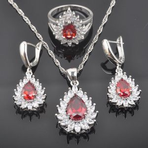 Aaa Rode Granaat Zilver Kleur Sieraden Sets Wit Zirconia Vrouwen Bruiloft Oorbellen Hanger Ketting Ringen QZ0390