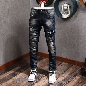 Nieuw Jeans Retro Dark Blue Ripped Denim Broek Streetwear Elastische Slim Fit Hip Hop Broek
