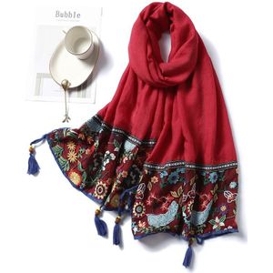 Luxe Borduurwerk Sjaal Voor Vrouwen Solid Bohemian Kwastje Katoen Sjaals Hijab Pashmina Sjaals Wraps Hijab Foulard