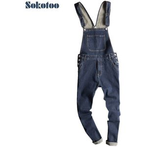 Sokotoo Mannen Donkerblauw Denim Bib Overalls Slim Fit Jeans Casual Pocket Cargo Broek Bretels Jumpsuits