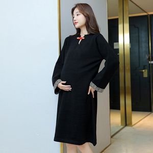 865 # Herfst Winter Dikke Gebreide Moederschap Jurk Lange Mouwen Zwart Koreaanse Mode Kleding Voor Zwangere Vrouwen Zwangerschap