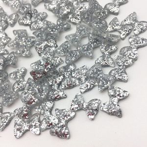 100 stks Zilver Nail Arts Bows Flatbacks Resin Sparkle Mini Glitter Cabochons Scrapbook Versieringen Kaartmaken 9x12mm