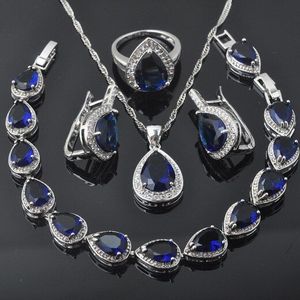 Blauwe Stenen Water Zilveren Kleur Sieraden Sets Armband Voor Vrouwen Bruiloft Ketting Hanger Oorbellen Ring QS0355