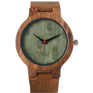 Unisex Hout Ronde Dial Faux Lederen Band Geen Nummer Analoge Quartz Horloge