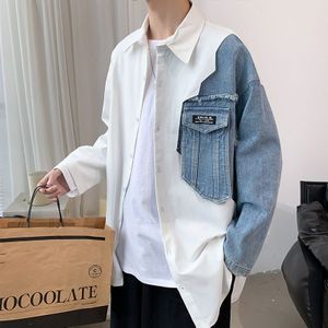 Mannen Denim Stiksels Lange Mouw Hawaiian Mannen Shirt Camisa Masculina Streetwear Mode Kleding Shirts Grote Maat M-5XL