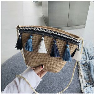 Vrouwen Nationale Kwastje Strozak Zomer Strand Rotan Schoudertassen Meisjes Rieten Weave Rits Kleine Cross-body Handtas