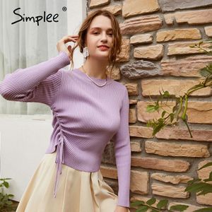 Simplee Casual Crew Hals Korte Vrouwen Truien Lange Mouwen Flexibele Gebreide Trui Lace Up Trekkoord Dames Trui Jumper