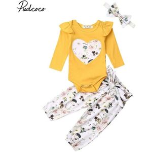 Baby Lente Herfst Kleding Pasgeboren Baby Meisje Kleding Met Lange Mouwen Romper Hart Bloemen Broek Legging Broek Hoofdband Outfit