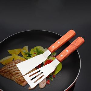 2 Stks/set Rvs Lekkende Steak Gebakken Schop Spatel Pizza Cutter Spade Met Houten Handvat Bakken Tool