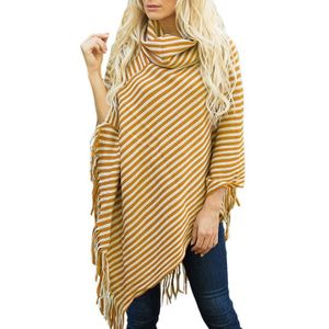 Zwart Wit Gestreepte Coltrui Mantel Trui Poncho en Capes Lange Womens Fringe Gebreide Dames Batwing Mouw Chaqueta Mujer