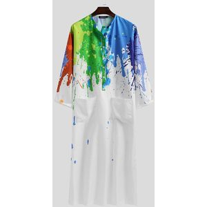 Moslim Mannen Kaftan Lange Mouwen Knop Zakken Tie Dye Gedrukt Leisure Robes Dubai Abaya Islamitische Arabische Jubba Thobe S-5XL Incerun
