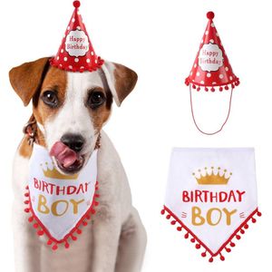 Hond Huisdier Verjaardag Kwastje Handdoek Party Hoed Set Hond Verjaardagsfeestje Hoed Driehoek Sjaal Speeksel Handdoek En Kroon Hoed Set (Rood/Roze)