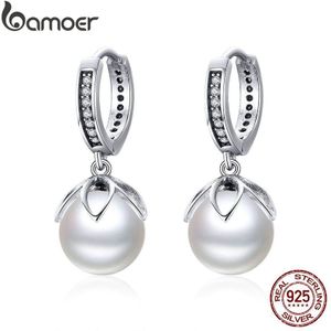 Bamoer Elegante 925 Sterling Zilver Lichtgevende Zachte Liefde Bloem Zoetwater Parel Oorbellen Vrouwelijke Vrouwen Parel Sieraden SCE482