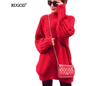 RUGOD Chic Coltrui Lange Trui Hollow Out Elegante Trui Jurk Winter Tops Voor Vrouwen Snoep Kleur Koreaanse Stijl Mode