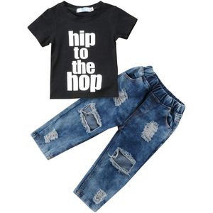 Citgeett Pasgeboren Peuter Kids Boy Kleding Korte Mouwen Zwarte T-shirt Tee Top + Denim Gat Blauw Gat Broek Outfit set