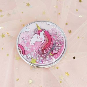 Mini Eenhoorn Make-Up Spiegel Compact Pocket Spiegel Draagbare Dubbelzijdige Vouwen Cosmetische Spiegel Met Vloeiende Fonkelende Zand