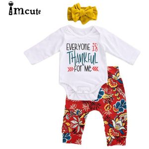 Imcute Baby Jongens Kleding Sets Lange Mouwen Katoenen Bodysuits + Print Broek + Hoofddeksels Kids Peuter Meisjes Set 0-24 Maanden Dankbaar