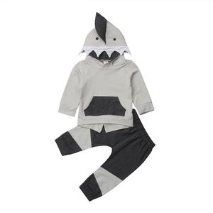 Kleine Haai Mode Kinderen Jongen 3D Hooded Lange Mouwen Tops Lange Broek 2 stks Uitloper Herfst Winter Kleding