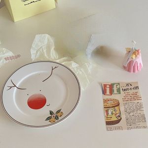 Koreaanse Stijl Kerst Cartoon Gingerbread Man Keramische Plaat Creatieve Snoep Rode Kant Taart Dessertbord Lader Platen