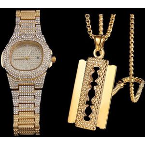 Luxe Mannen Goud Zilver Kleur Horloge Hip Hop Mannen Stijlvolle Ketting Hip Hop Ice Out Cubaanse Horloge Sieraden Hanger &amp; touw Ketting Voor Mannen