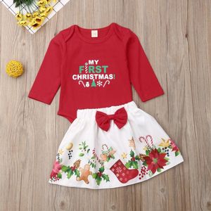 Pudcoco Pasgeboren Baby Meisje Kleding Mijn 1st Kerst Print Romper Tops Strik Mini Rok 2 Stuks Outfits Kleding Kerst Set