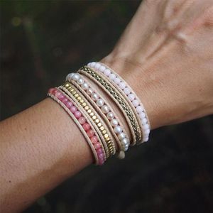 5 Keer Wrap Armband Mix Zoetwater Parel Cherry Quartz Vergulde Ketting En Vergulde Messing Armband Sieraden Voor Vrouwen