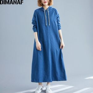 Dimanaf Plus Size Vrouwen Jurk Herfst Winter Denim Losse Hooded Lange Mouwen Vrouwelijke Vestidos Casual Basic Jeans Maxi Jurk