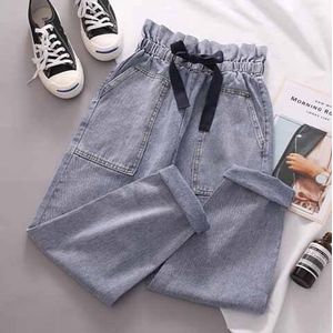 Jeans Women High Elastic Waist Pockets Bow Sweet Girls Ankle-length Trousers All-match Chic Harajuku Korean Style Casual