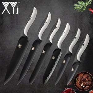 XYj Rvs Keukenmessen 6pcs Dolfijn Handvat Black Blade Messen Chef Brood Snijden Santoku Utility Schilmesje