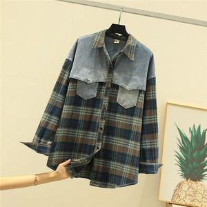 Hsa Herfst Vrouwen Plaid Turn-Down Kraag Blouse Lange Mouwen Casual Losse Zakken Denim Splice Vrouwelijke Shirts Tops