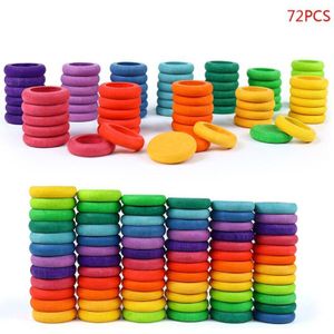 72 Stks/set Kinderen Houten Rainbow Ronde Ring Stapelen Spel Bouwsteen Kinderen Creatieve Educatief Speelgoed