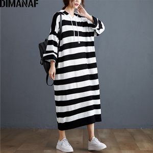 Dimanaf Plus Size Vrouwen Jurk Herfst Print Gestreepte Katoenen Hooded Lady Vestidos Vrouwelijke Kleding Casual Losse Lange Mouw Jurk