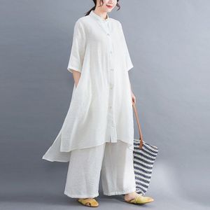 Lente Zomer Vrouwen Sets Elegante Katoen Linnen Losse Lange Blouse Shirts + Vrouwelijke Wijde Pijpen Broek Broek Tweedelige sets 11351