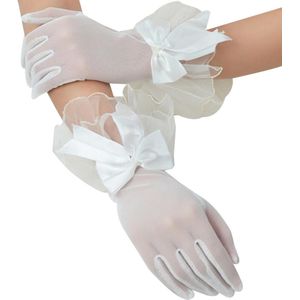 Wedding Bridal Sheer Mesh Dunne Korte Handschoenen Faux Parel Satijn Strik Agaric Golvend Trim Ruches Formele Party Wanten