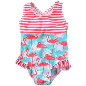 Peuter Kid Meisje Badpak Pop Flamingo Print Streep Ruche Badmode Bikini Zwemmer Bader Kleding