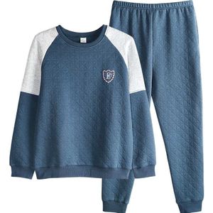 Winter Dikke Warme Blauwe Gewatteerde Pyjama Sets Voor Mannen Lange Mouwen Air Katoen Tussenlaag Nachtkleding Loungewear Homewear Thuis Kleren